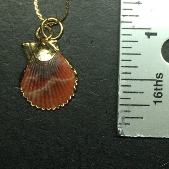 Orange Seashell Pendant Necklace Gold Edge Chain Brown Swirl Retro BoHo Beach - Picture 6 of 7